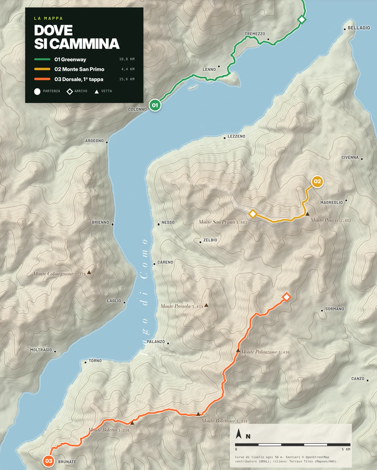 La mappa dei tre percorsi (curve di livello ogni 50 m · sentieri © OpenStreetMap contributors)